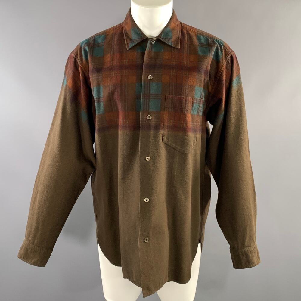 ISSEY MIYAKE Size XL Brown Blue Plaid Cotton Button Up Long Sleeve Shirt
